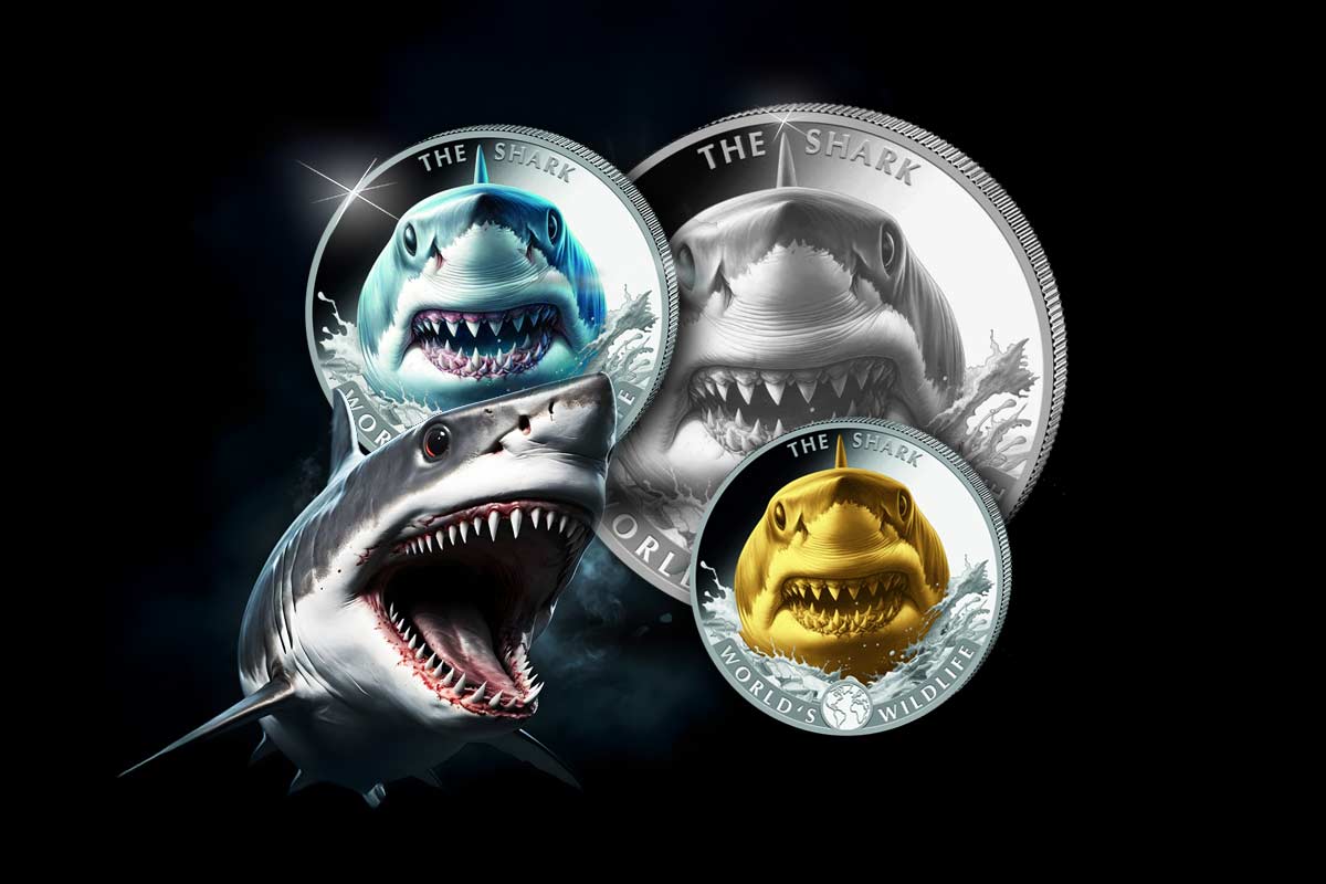 World’s Wildlife Kongo Silber: Shark 2026 in Bullion, Colour und Gilded