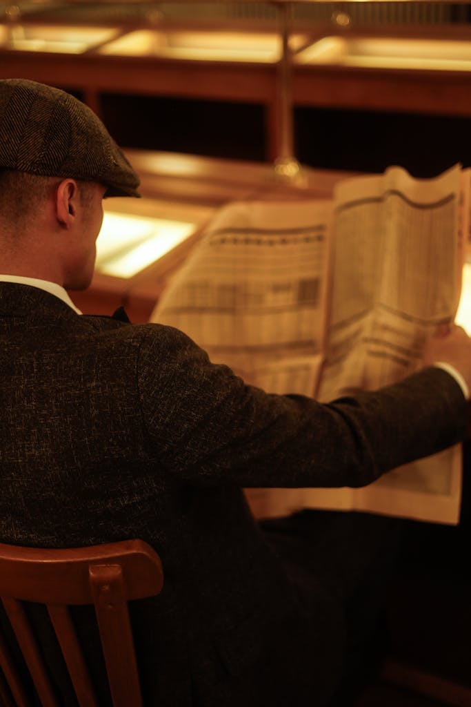 Nachrichtenarchiv – News Snaps A man in vintage attire reads a newspaper in a cozy indoor setting, capturing a timeless moment.