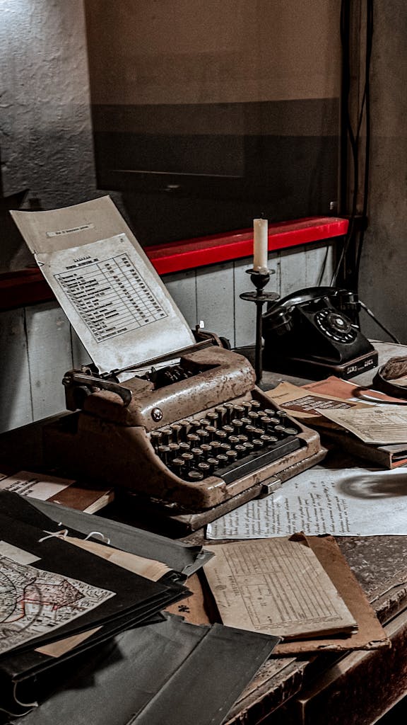 Nachrichtenarchiv – News Snaps A nostalgic desk setup featuring an old typewriter, papers, and candlestick.